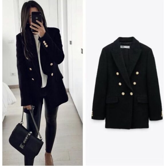 Zara Jackets & Blazers - NEW Zara Blogger Favorite Textured Weave Double Breasted Blazer in Black